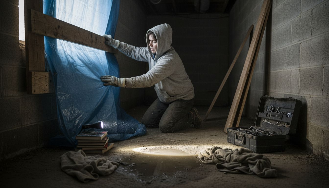 Woman securing tarp in storm-damaged basement