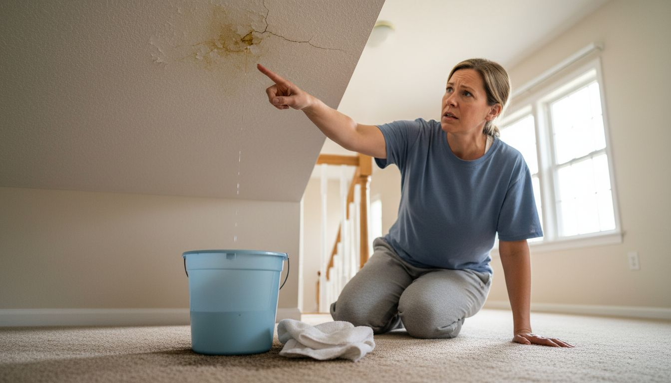 Resident examining ceiling water stain indoors