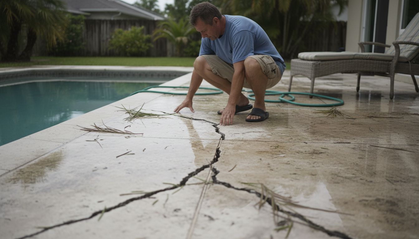 Worker inspecting weather-damaged pool deck