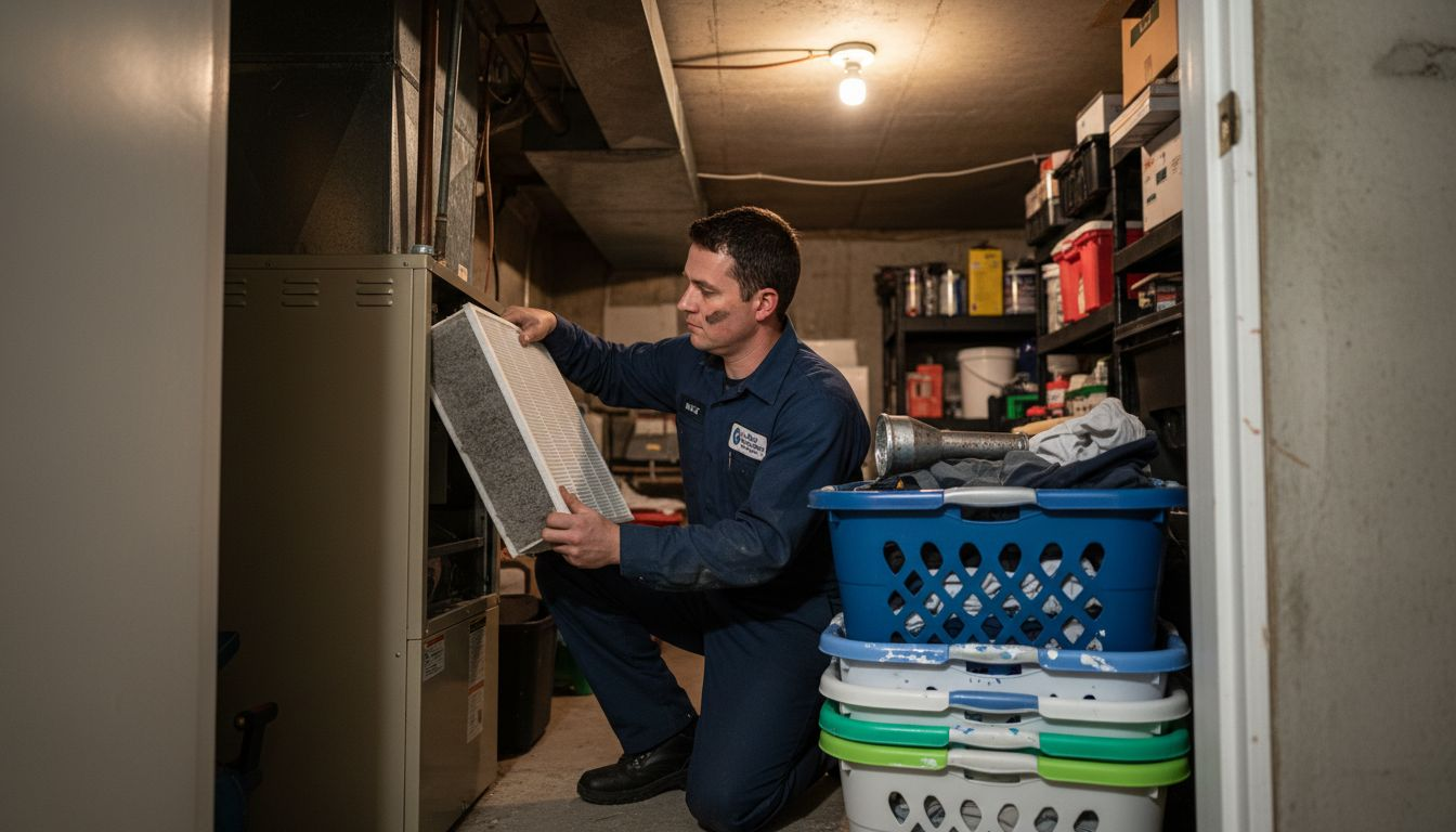 Technician changes air filter in basement