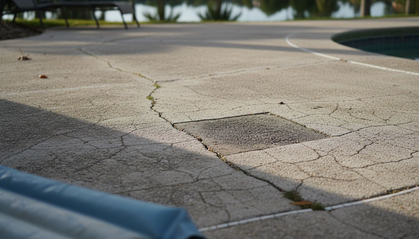 Close up of concrete pool deck cracks