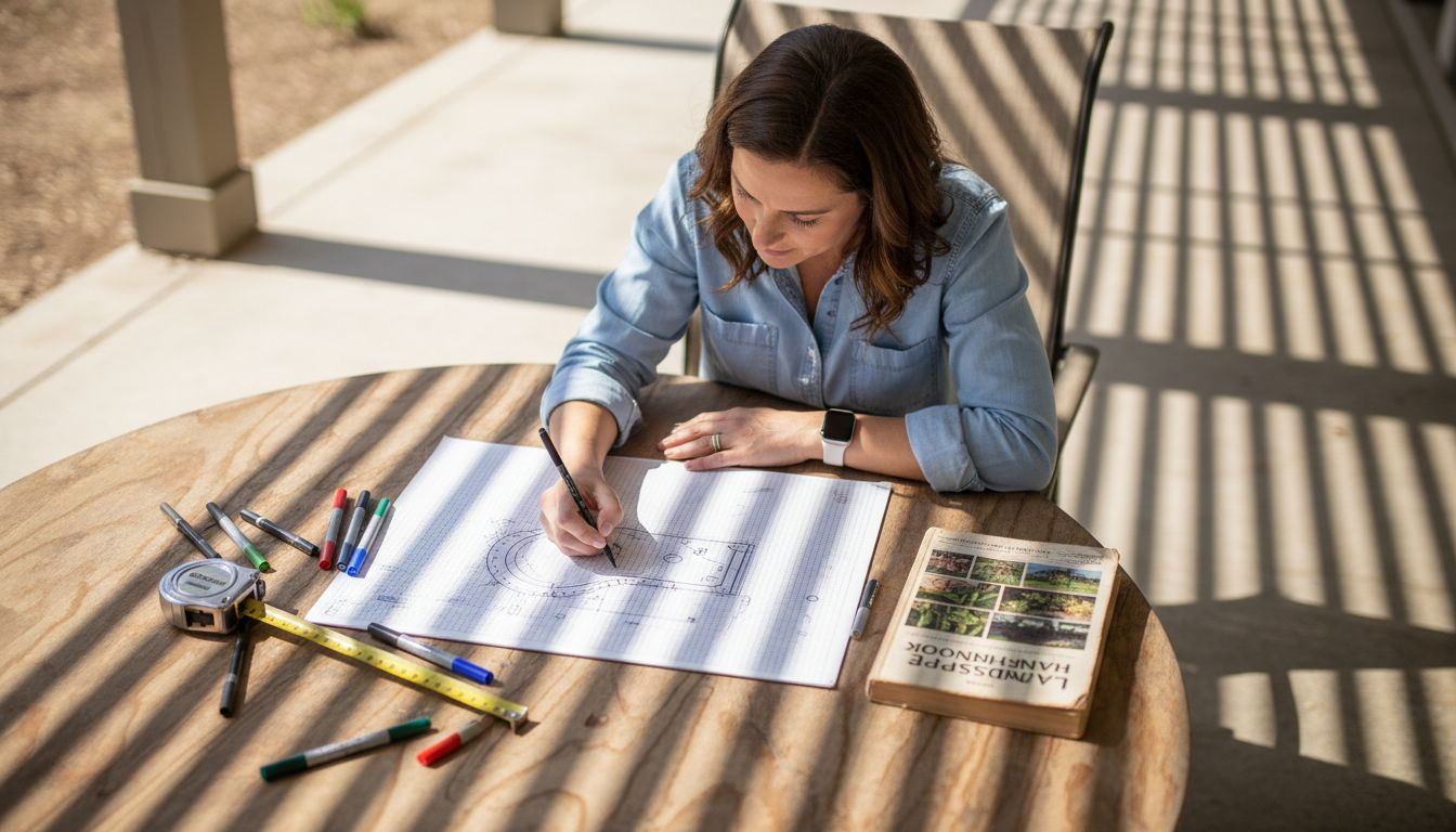 Designer sketching pool landscape plan with tools