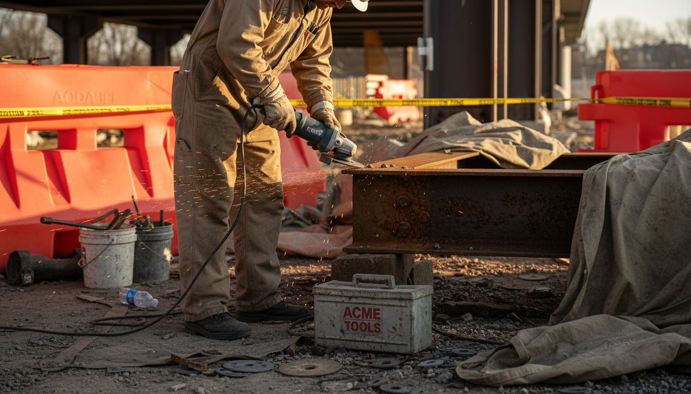 Technician preparing steel bridge for coating