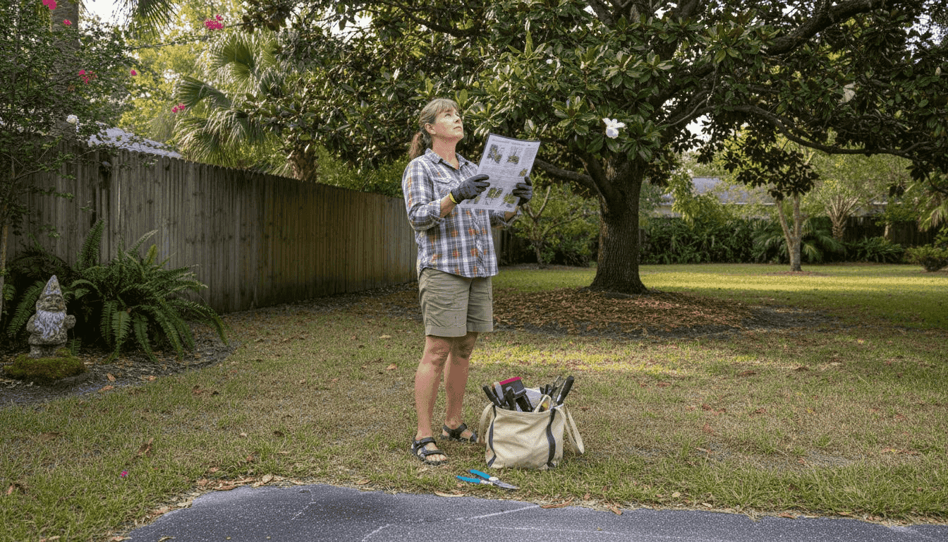 Homeowner assessing tree species for property