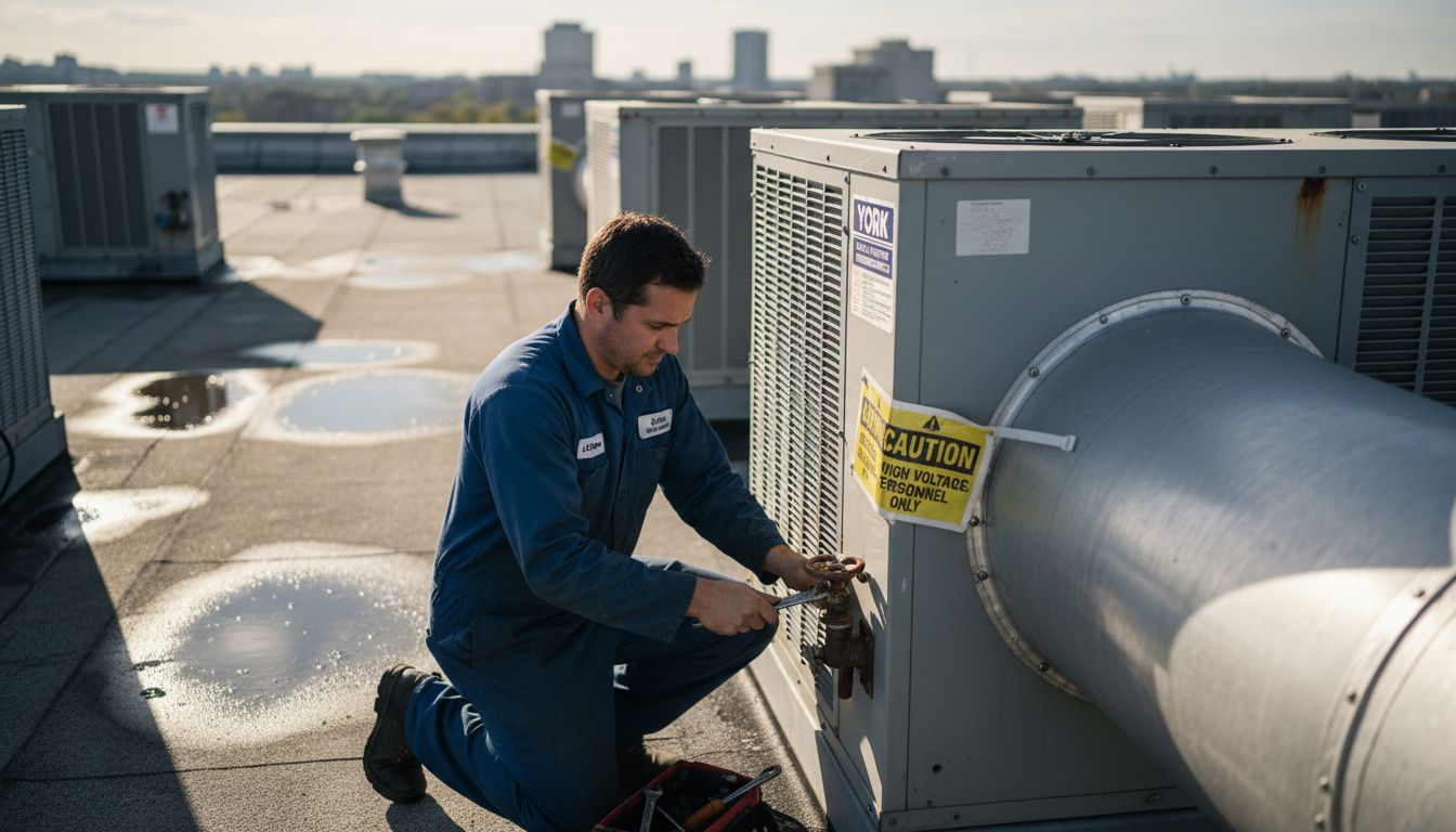 Technician works on commercial rooftop HVAC unit