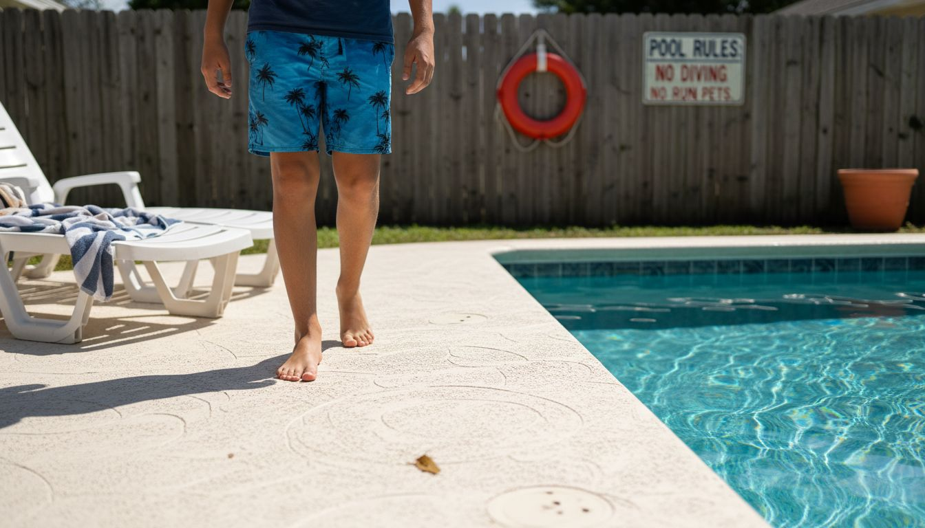 Textured, slip-resistant pool deck with safety details