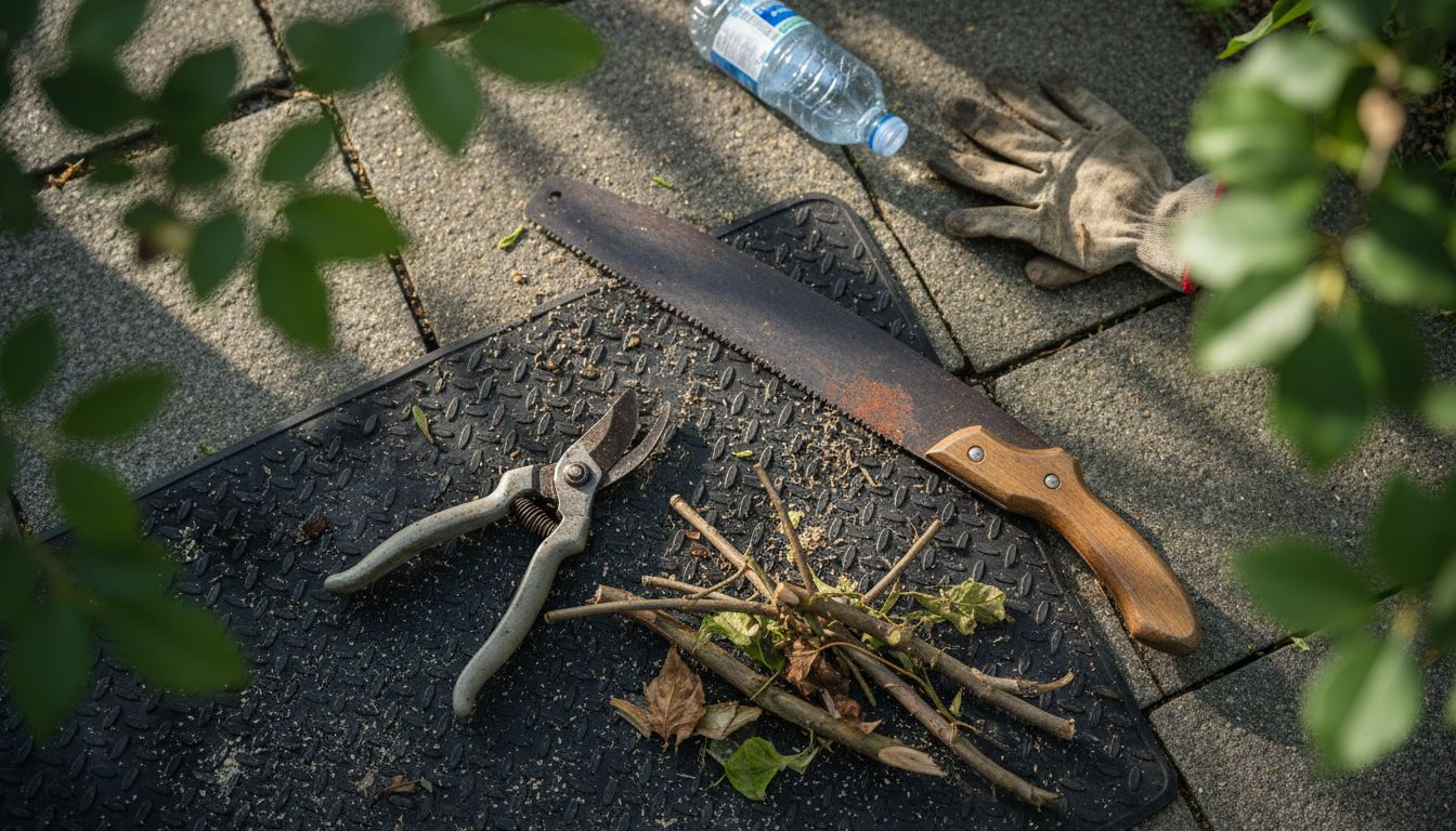 Step by Step Tree Trimming for Healthy Growth 2 Pruning tools and cut branches close up