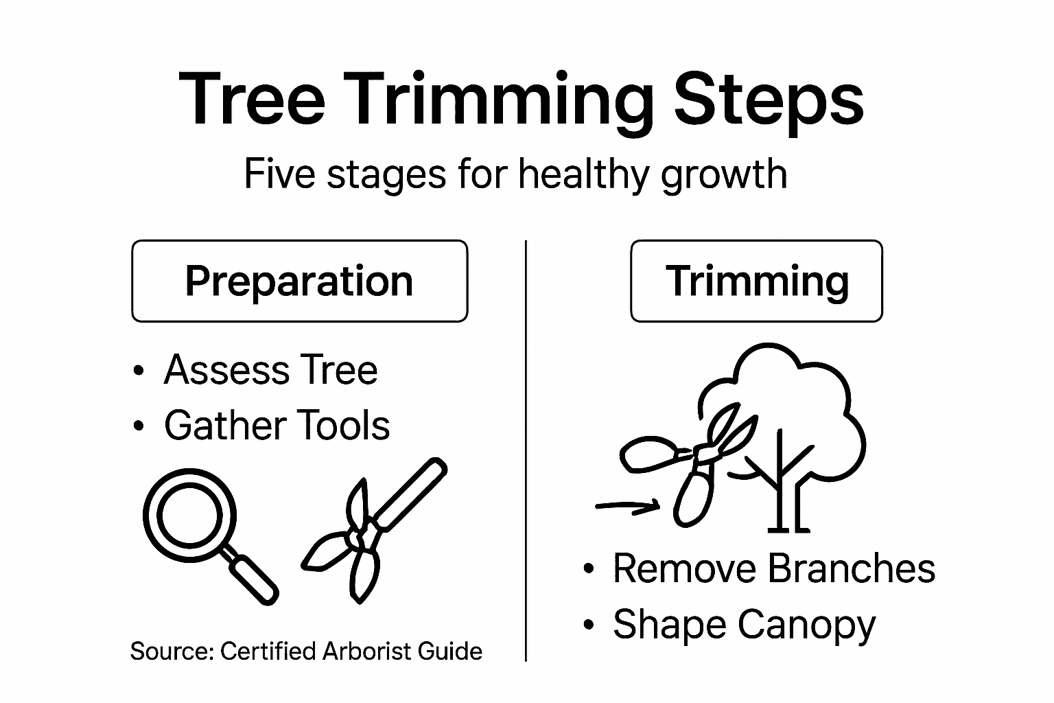 Step by Step Tree Trimming for Healthy Growth 1 Infographic shows tree trimming steps and benefits