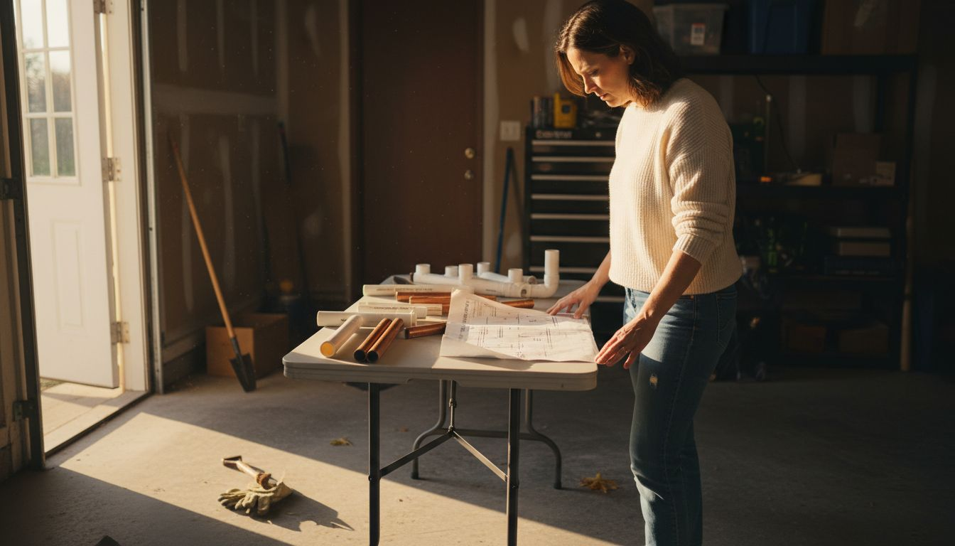 Homeowner examining pool pipe materials