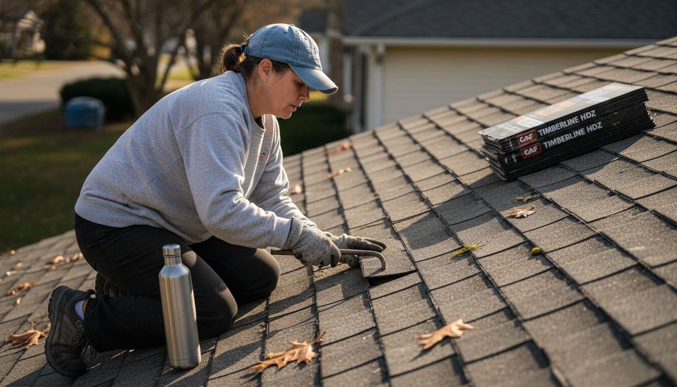 Removing damaged roof shingle on rooftop