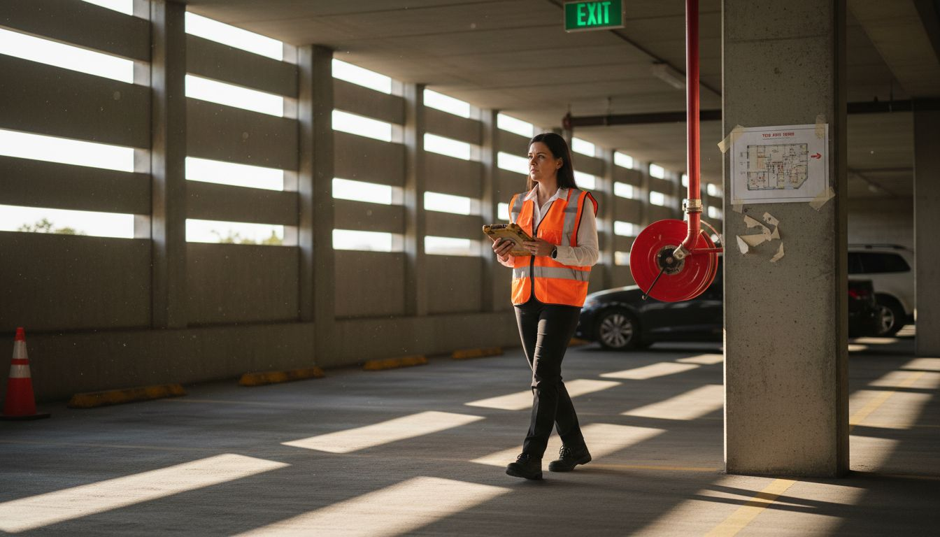 Manager inspecting fire hoses Houston garage