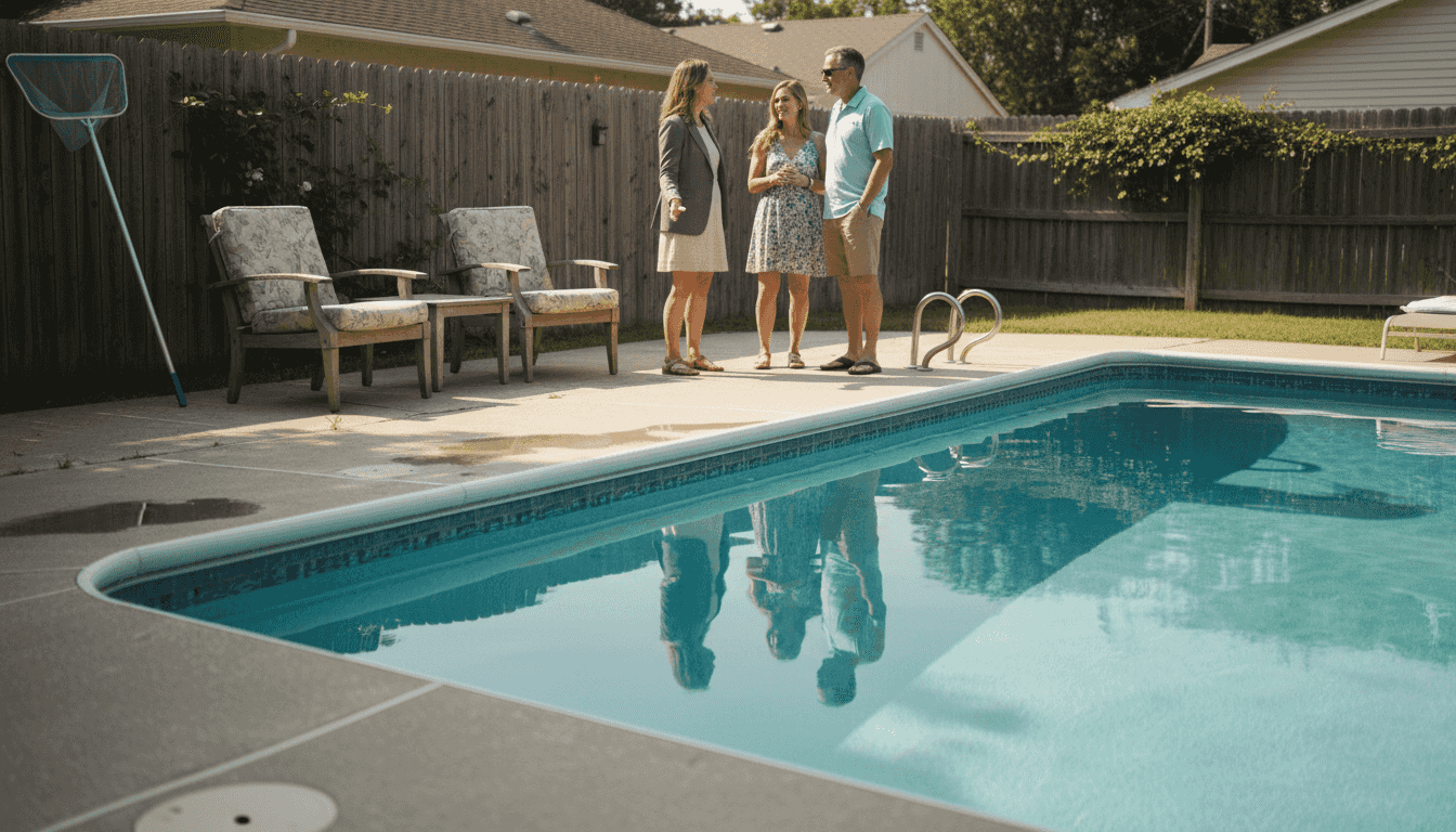 Real estate agent presenting backyard pool
