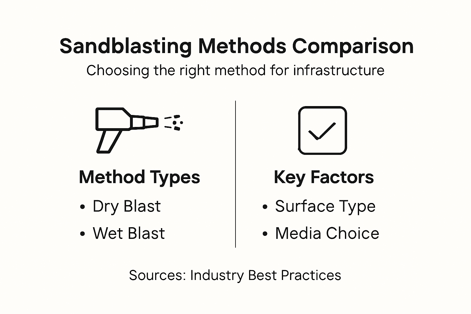 Infographic comparing sandblasting methods and factors