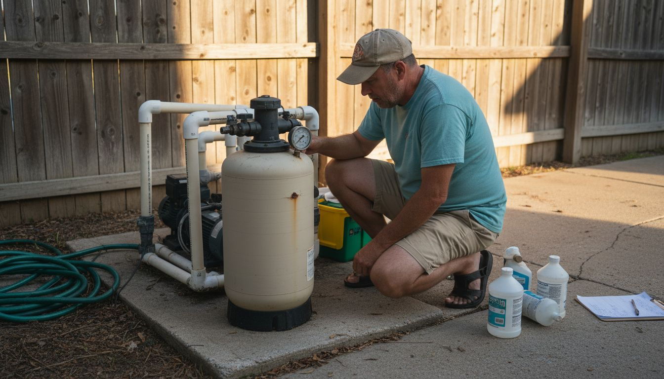 Homeowner inspecting pool filter equipment