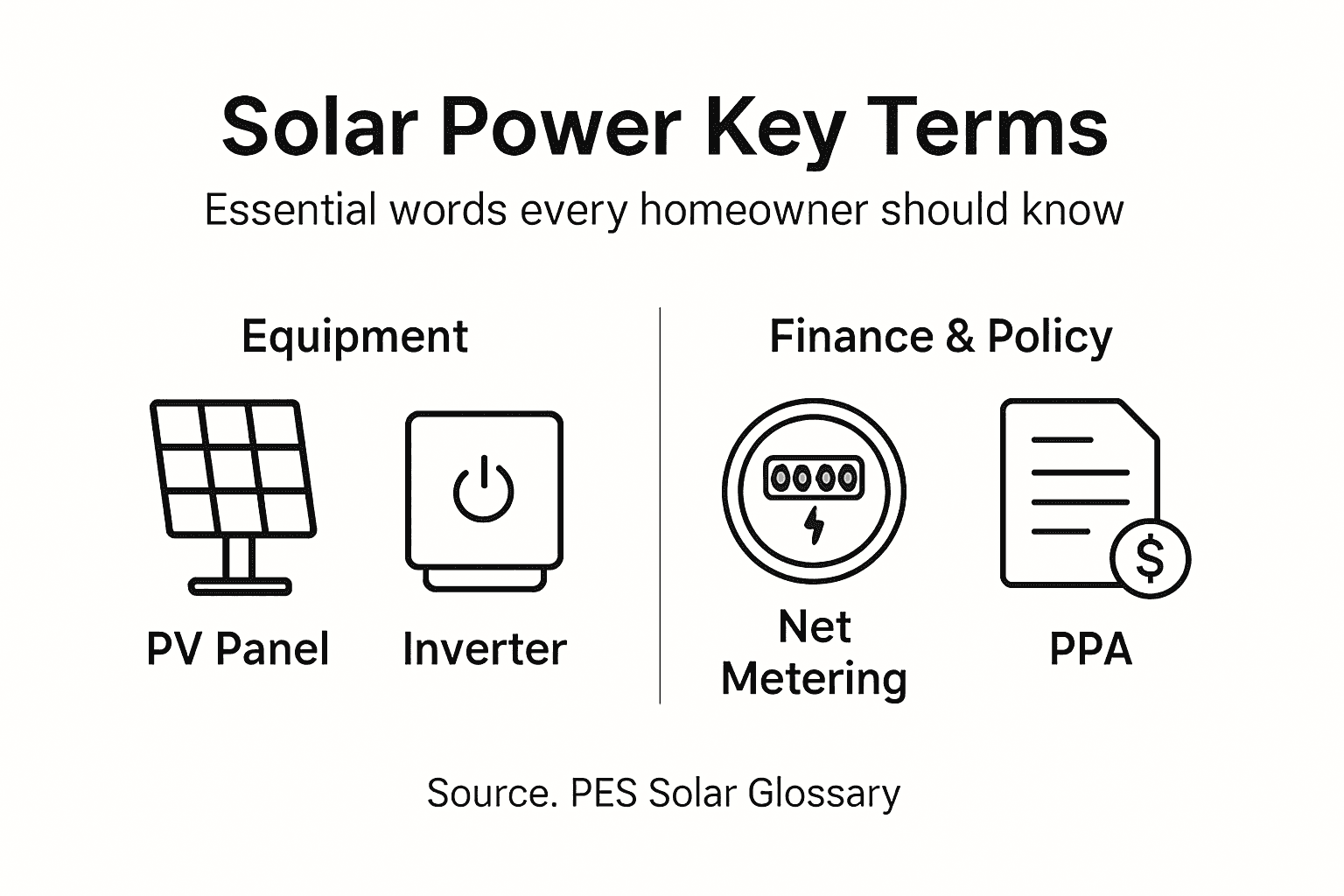 Solar Power Glossary: Essential Terms Explained 2 Infographic with solar key term categories