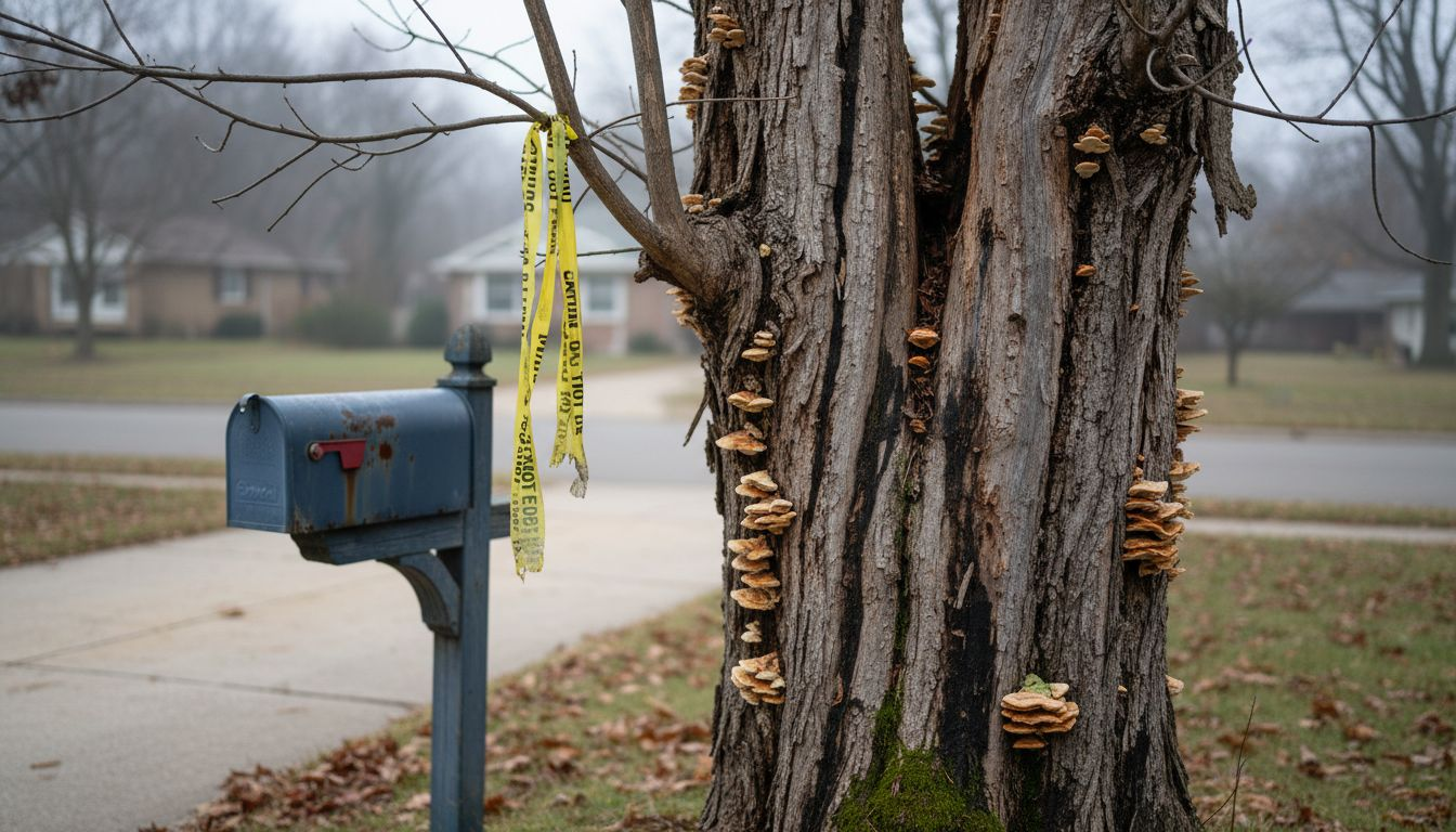 Closeup showing cracked, hazardous tree trunk