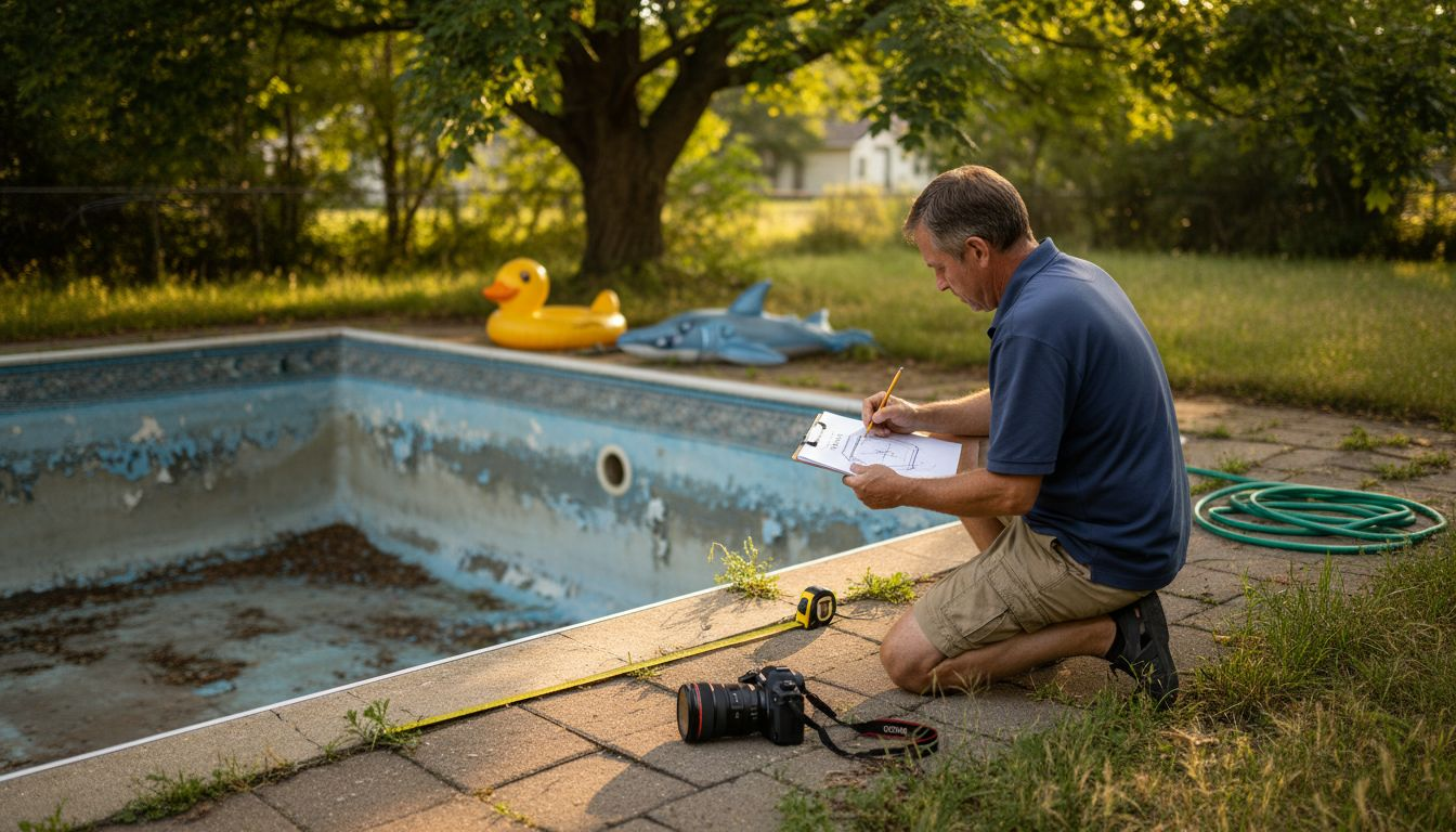 Man sketching assessment by aging backyard pool
