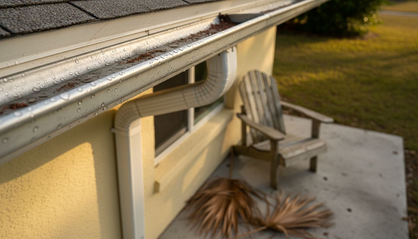 Close-up of aluminum gutter after rain