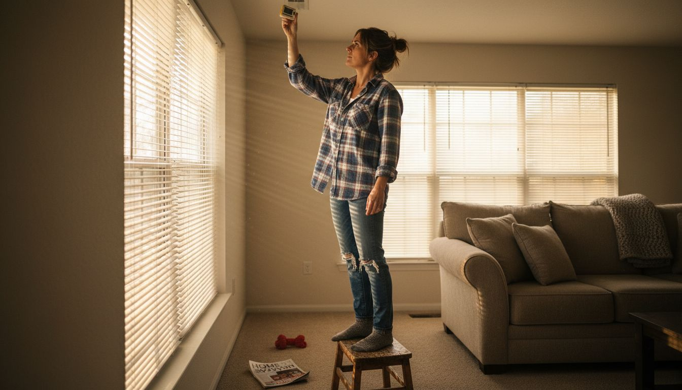 Woman checking air flow from ceiling vent