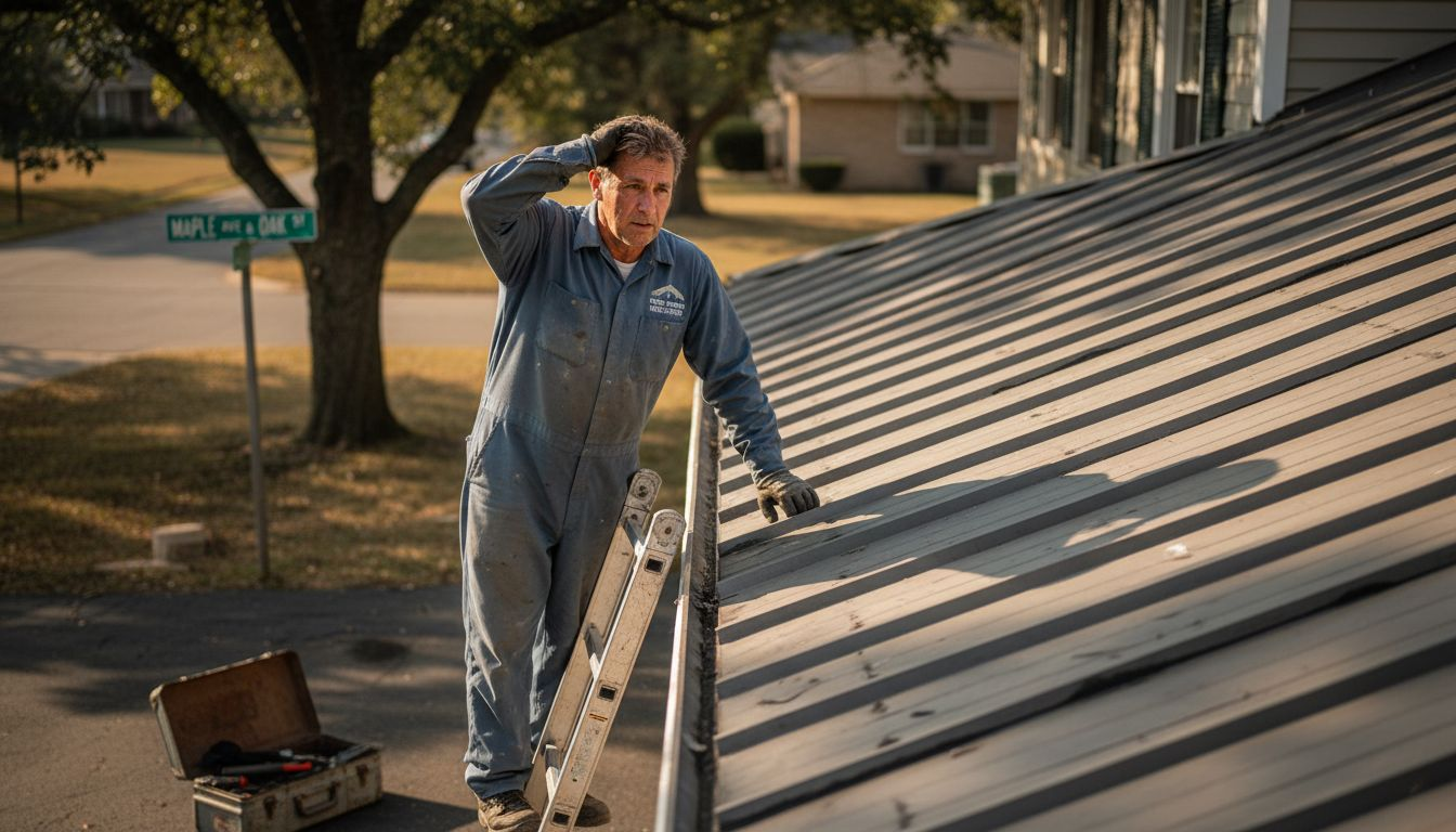 Technician inspecting metal roof for hail damage