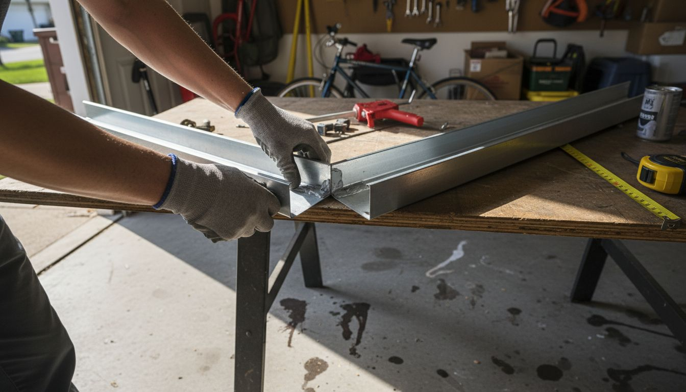 Hands joining sectional aluminum gutter pieces