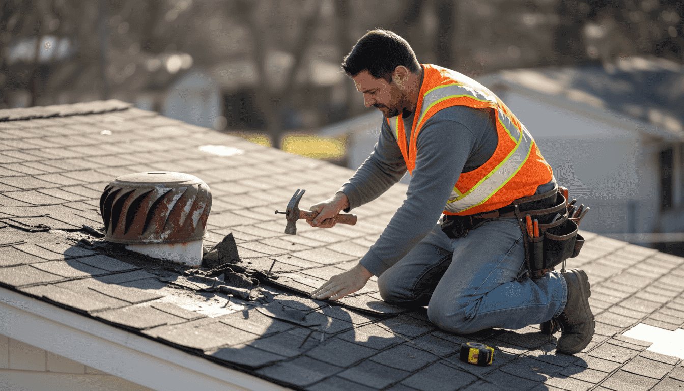 Roofer repairing storm-damaged house shingles