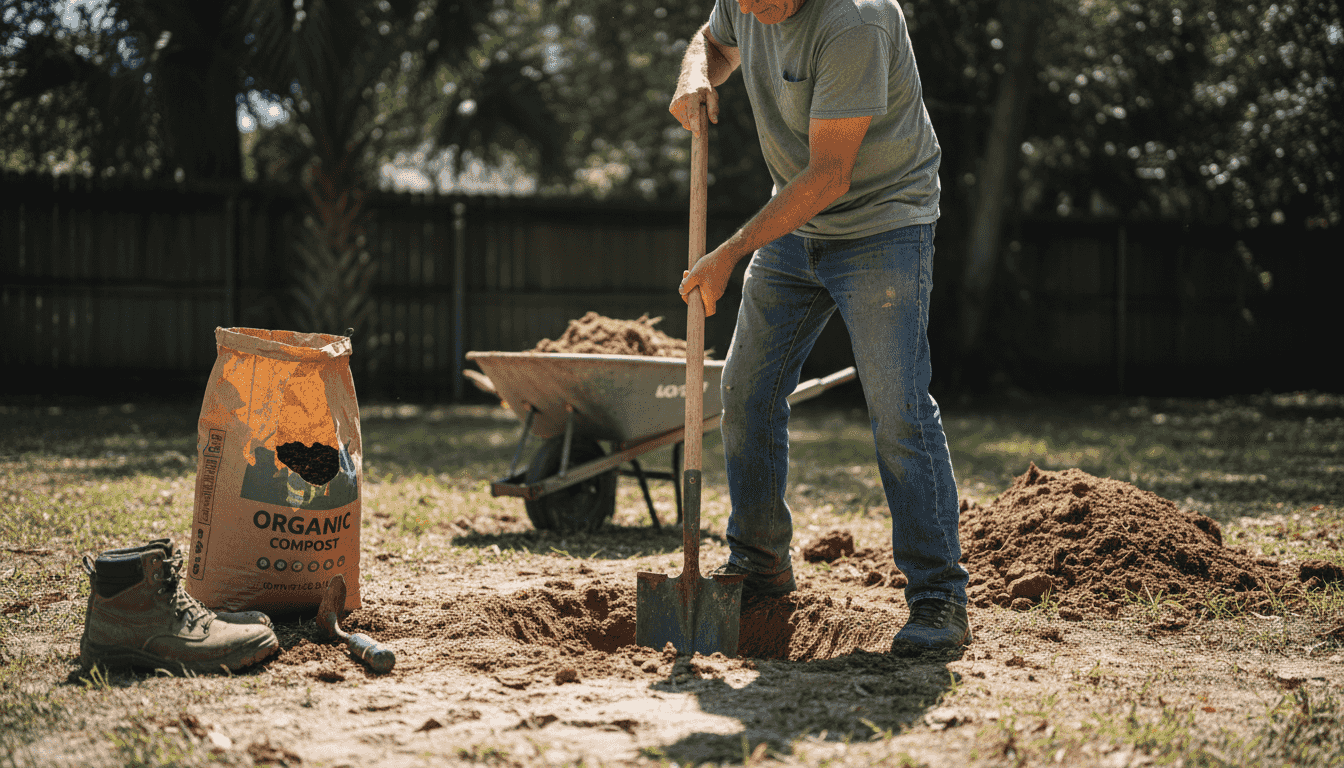 Digging tree hole with tools and compost