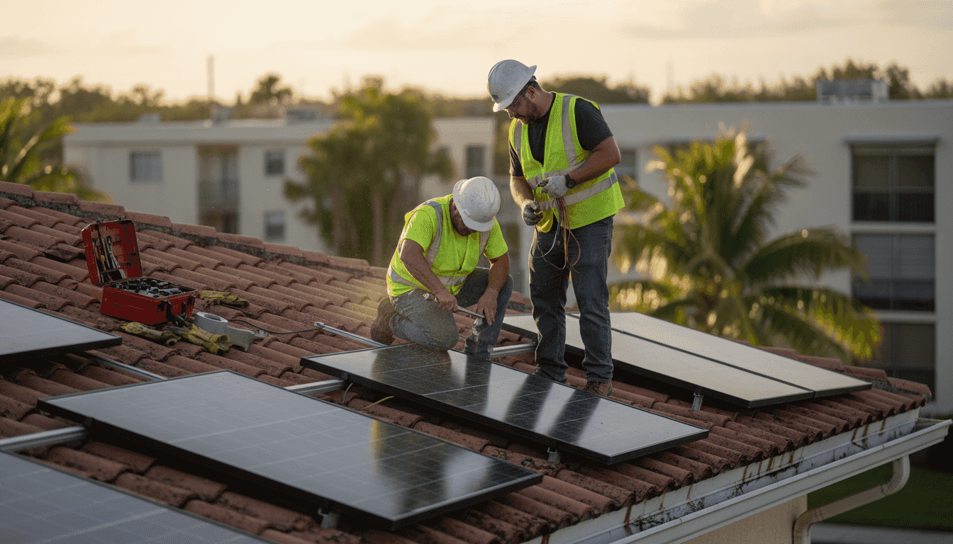 Solar Power in Property Management: Savings and Value 1 Workers installing solar panels on roof