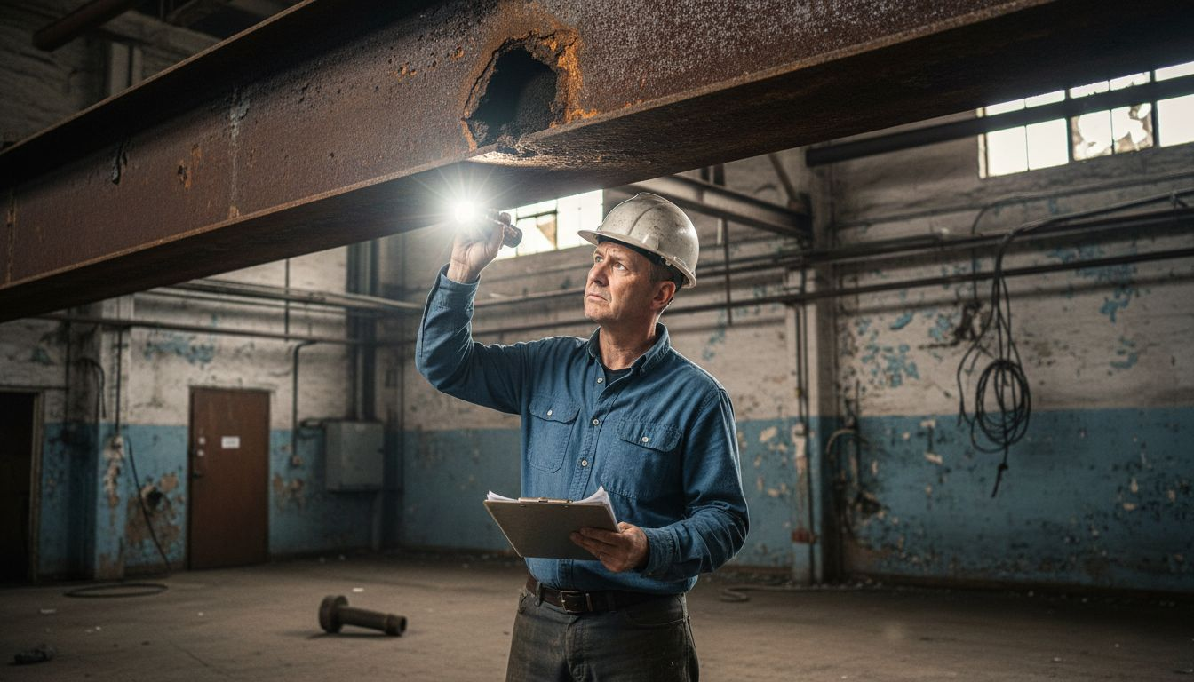Engineer examines rust damage on steel beam