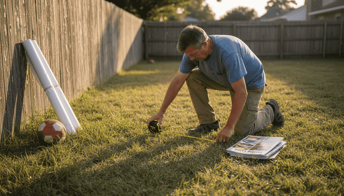 Homeowner measuring backyard for pool options