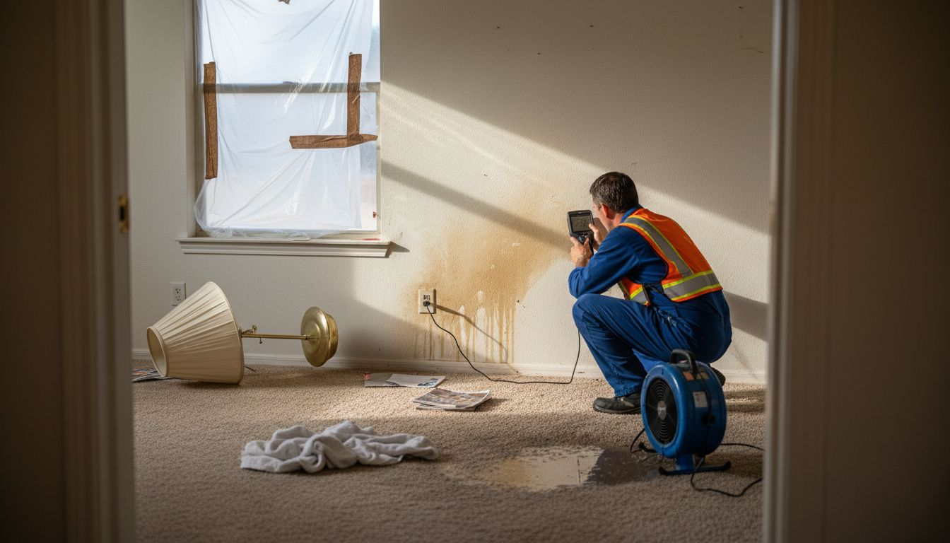 Restoration worker checks water damage interior