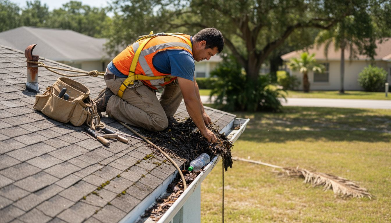Technician removes debris from gutter
