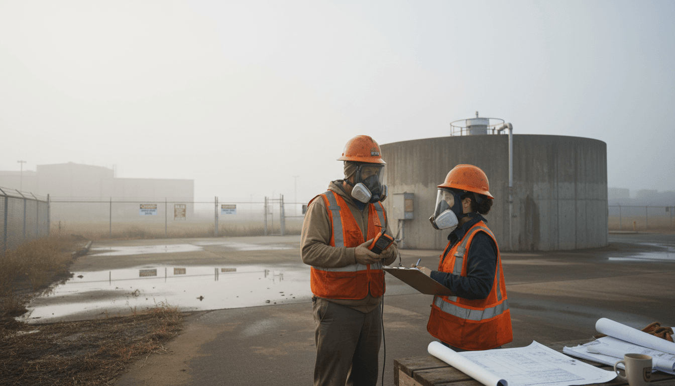 Workers discuss blasting timing in humid weather
