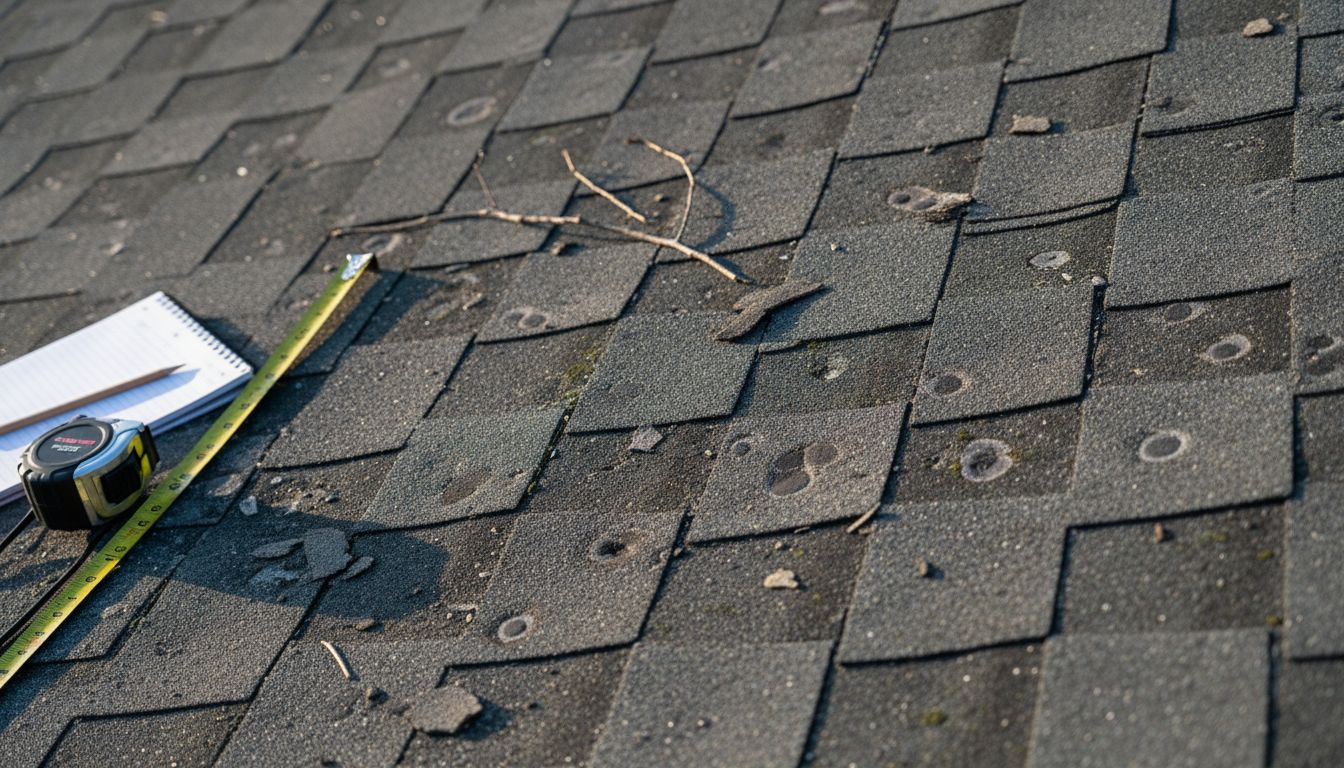 Closeup of hail storm damage on shingles