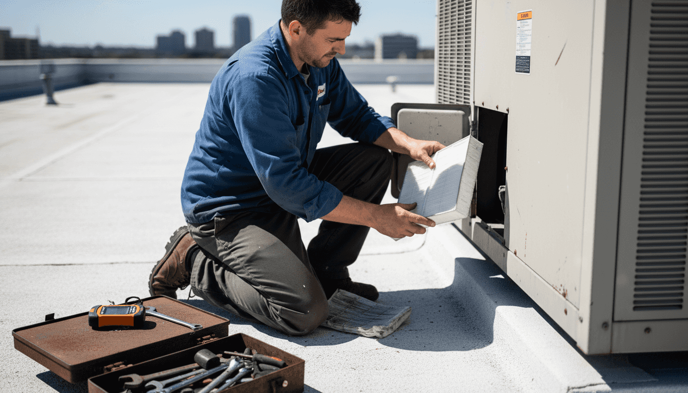 HVAC technician changing rooftop unit filter