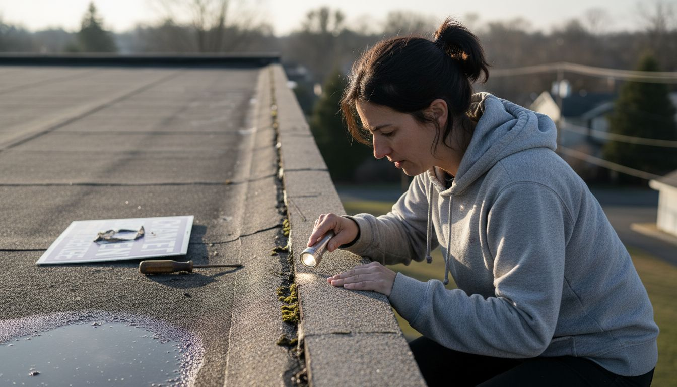 Inspecting flat roof edge for damage