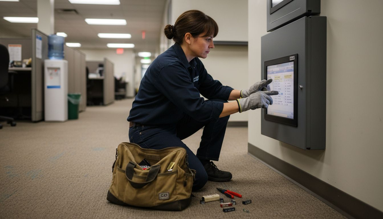 Technician reviews addressable fire alarm panel