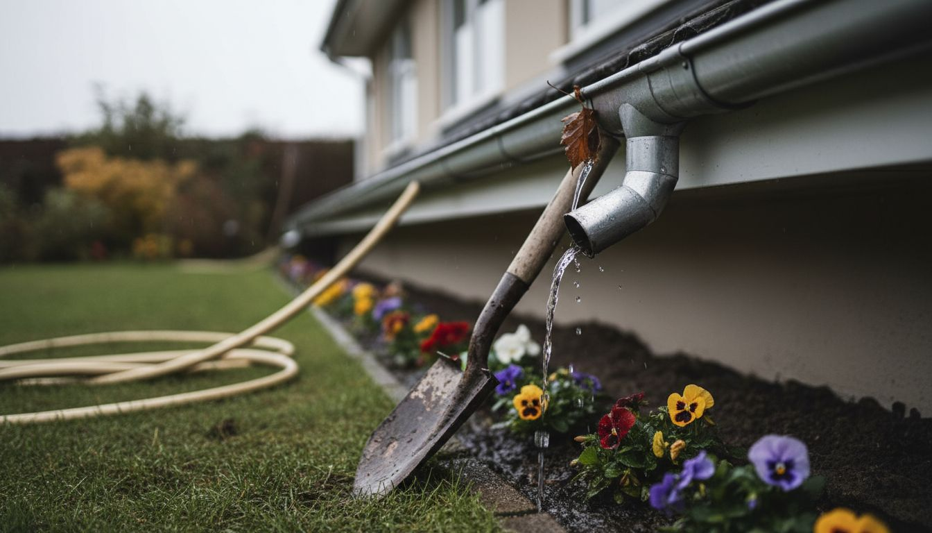 Gutter directing water away from flower beds