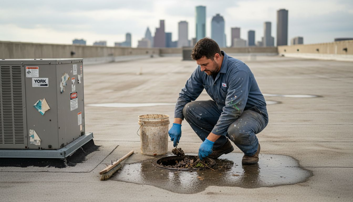 Worker fixing drain on flat Houston roof