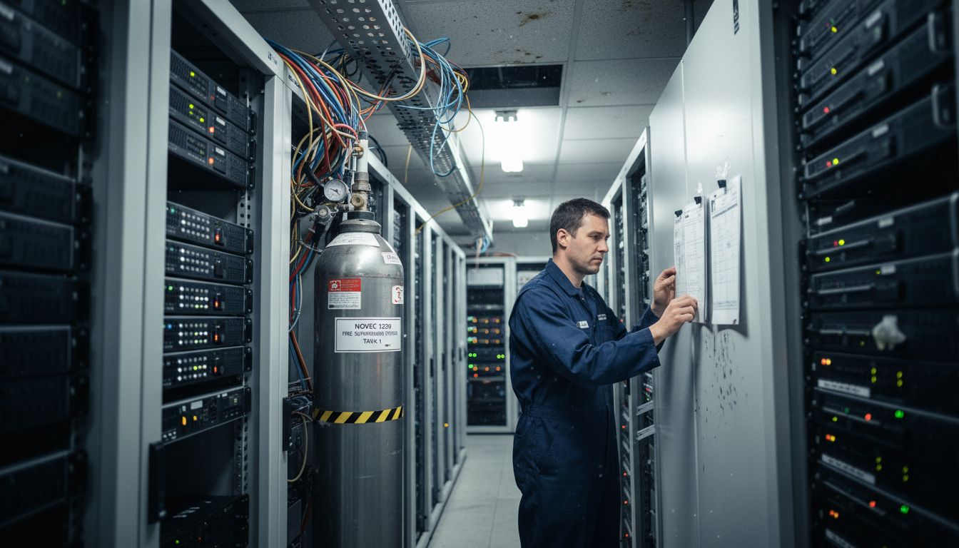 Technician checks gas suppression cylinder in server room