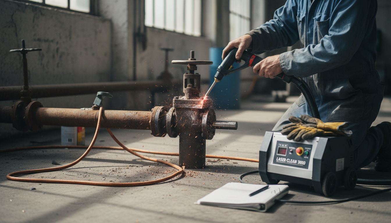 Worker uses laser cleaning on corroded valve