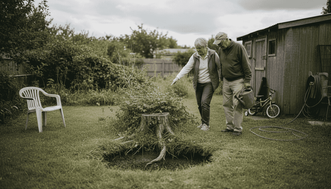 Hidden yard hazards from partially buried stump