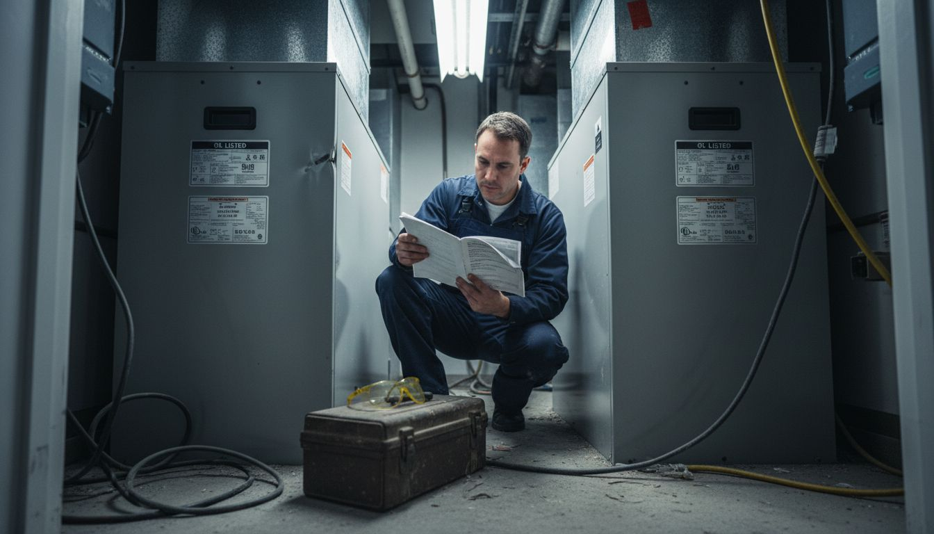 Technician comparing two HVAC units in closet