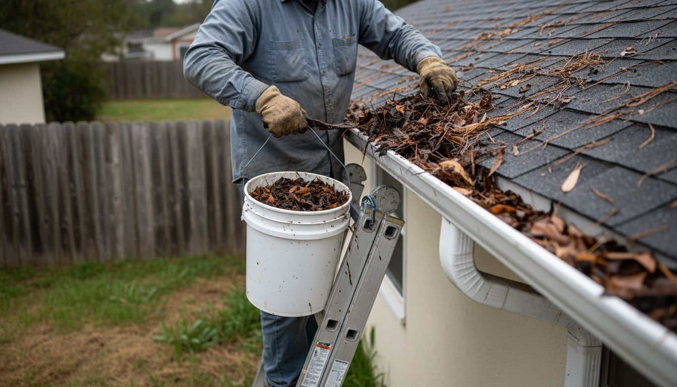 Property manager cleaning debris from home gutter