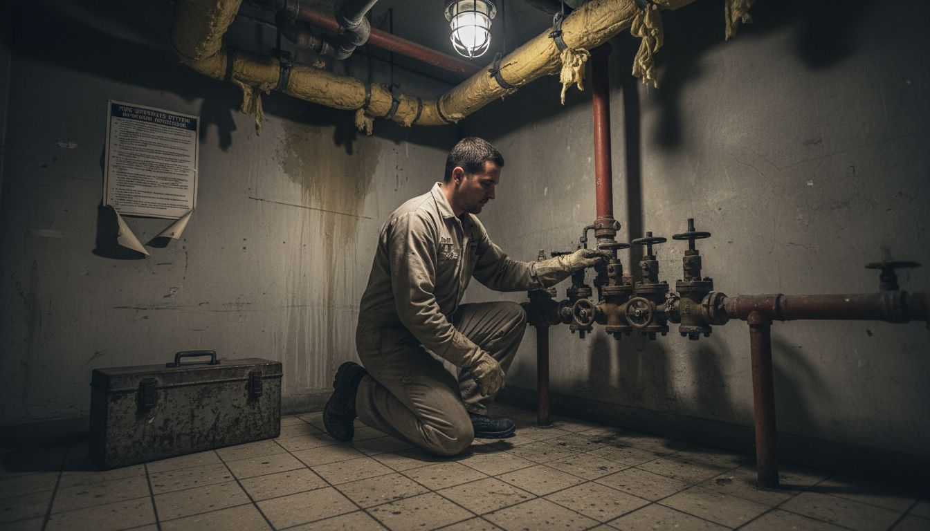 Worker inspecting wet pipe sprinkler system