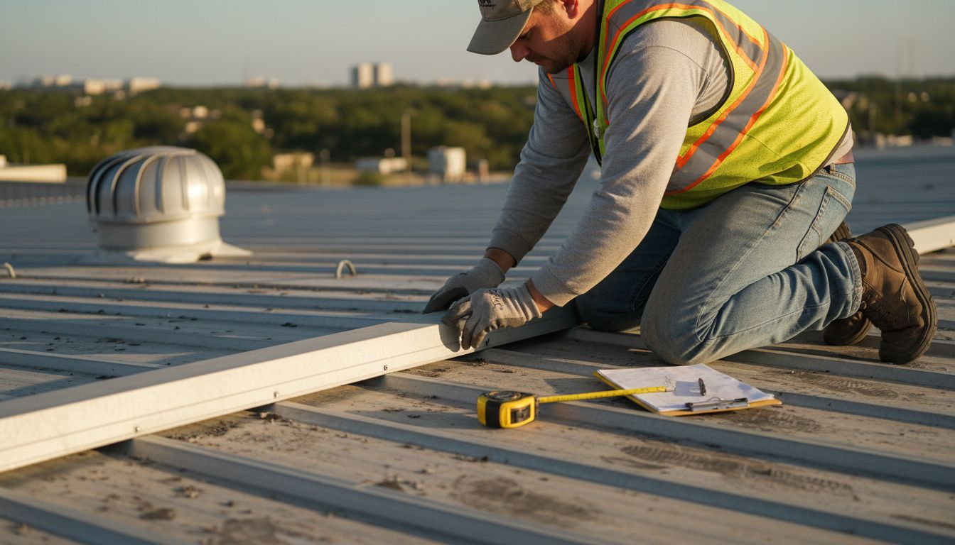 Worker inspects metal commercial roof panel