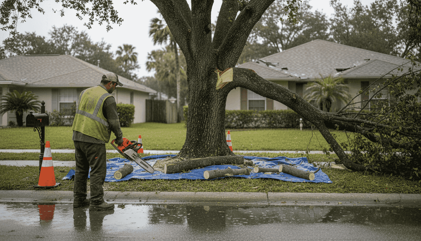 Insured Tree Service – Why It Protects Orlando Homeowners 1 Tree worker trims storm-damaged Orlando tree