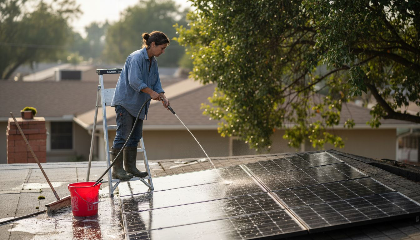 Master Solar Panel Maintenance Workflow for Peak Performance 1 Woman cleaning solar panels on home roof