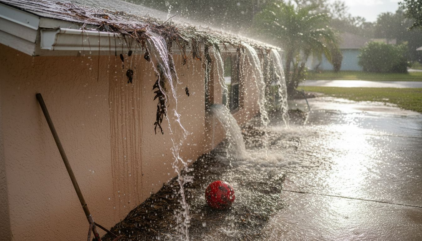 Overflowing clogged gutters in Florida rain