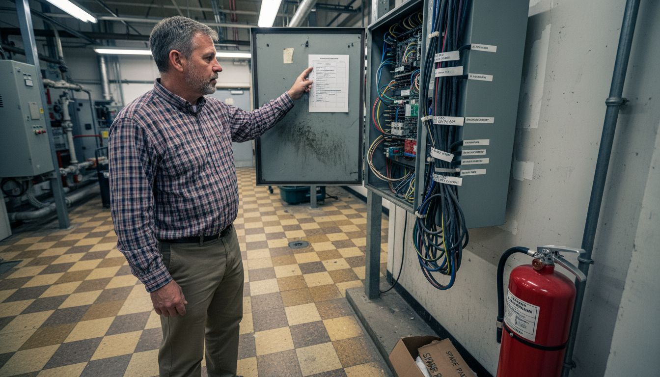 Manager inspecting integrated building fire systems